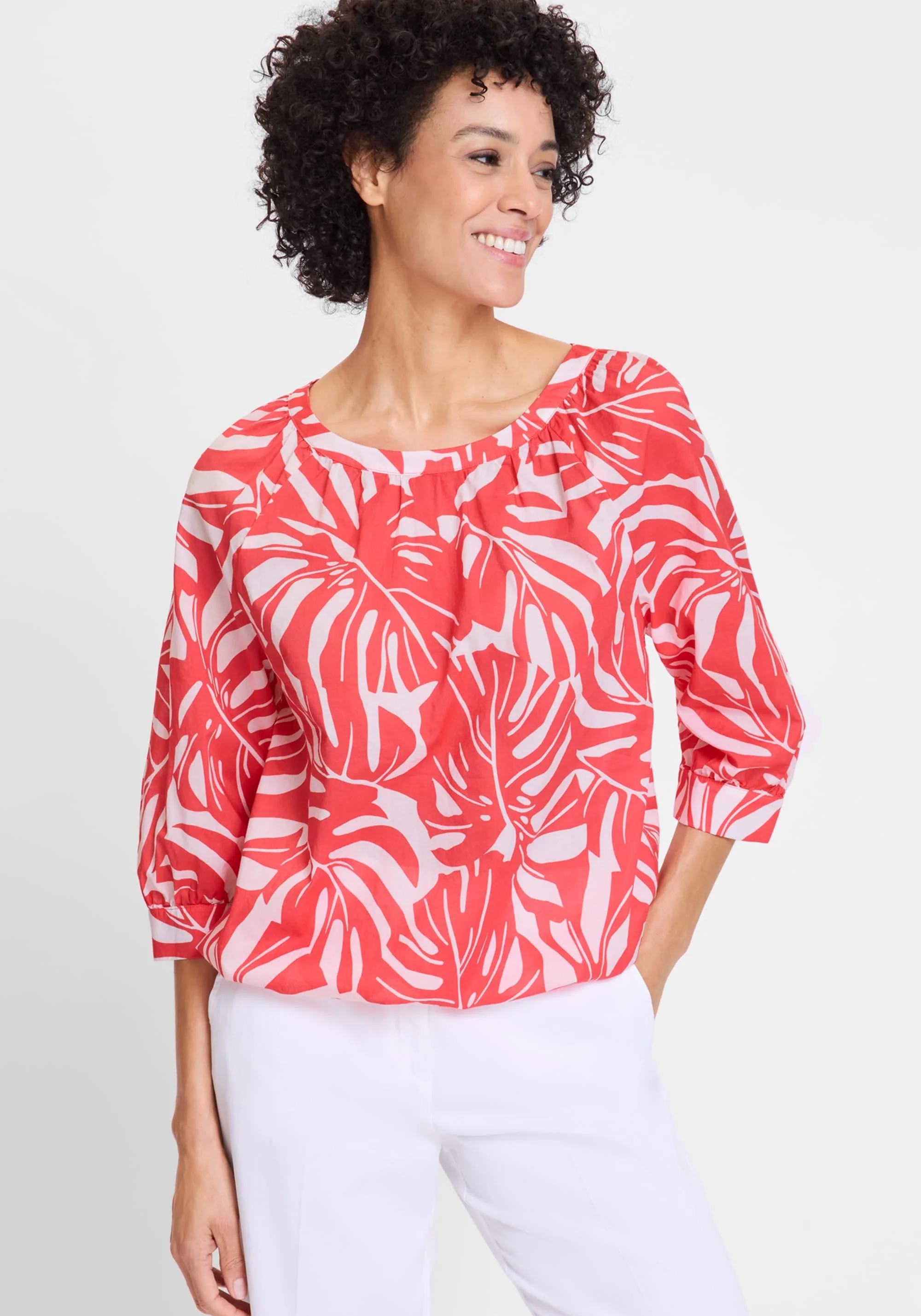 Boat Neck Palm Statement Blouse