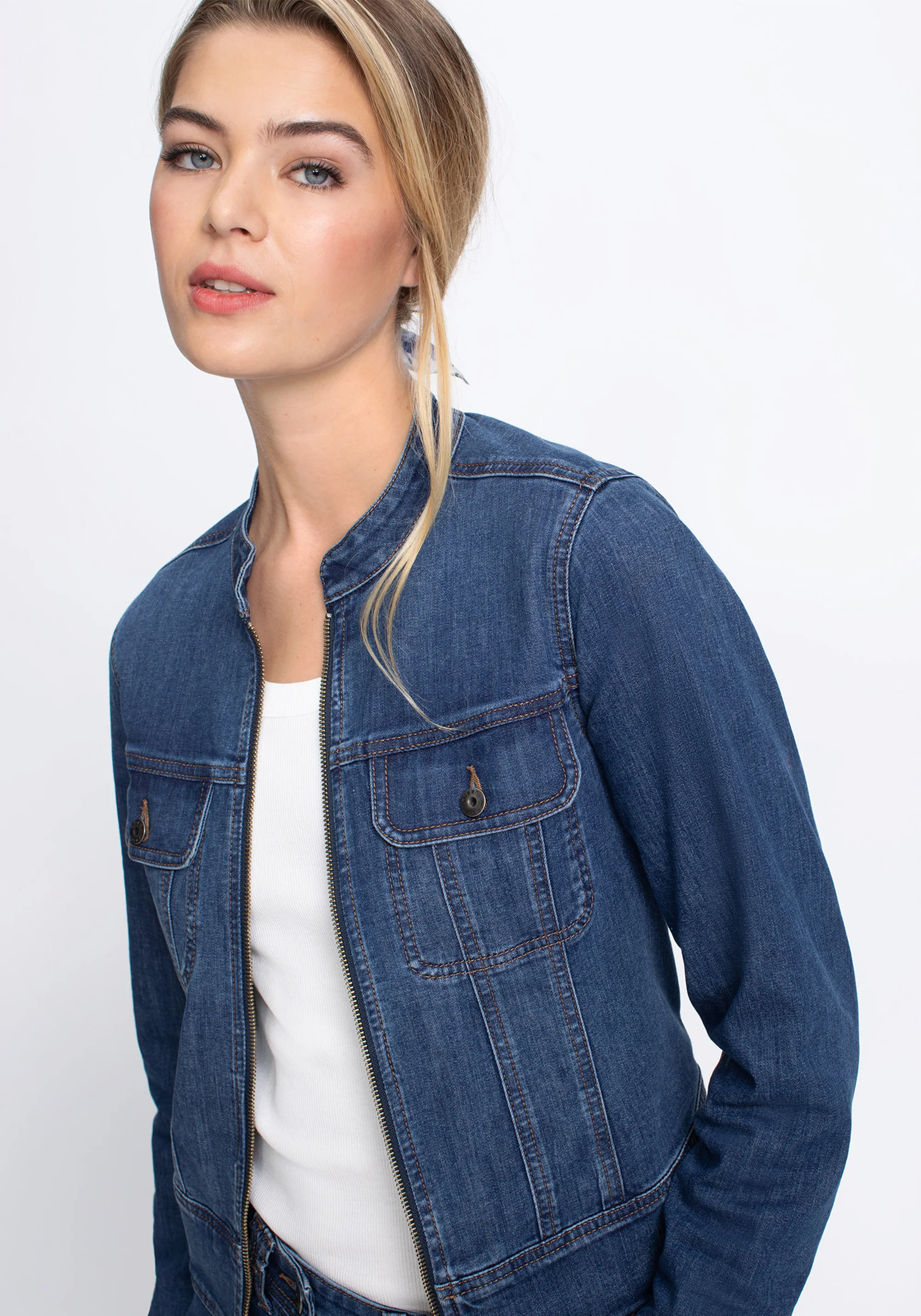 Collarless Denim Jacket - Image 3