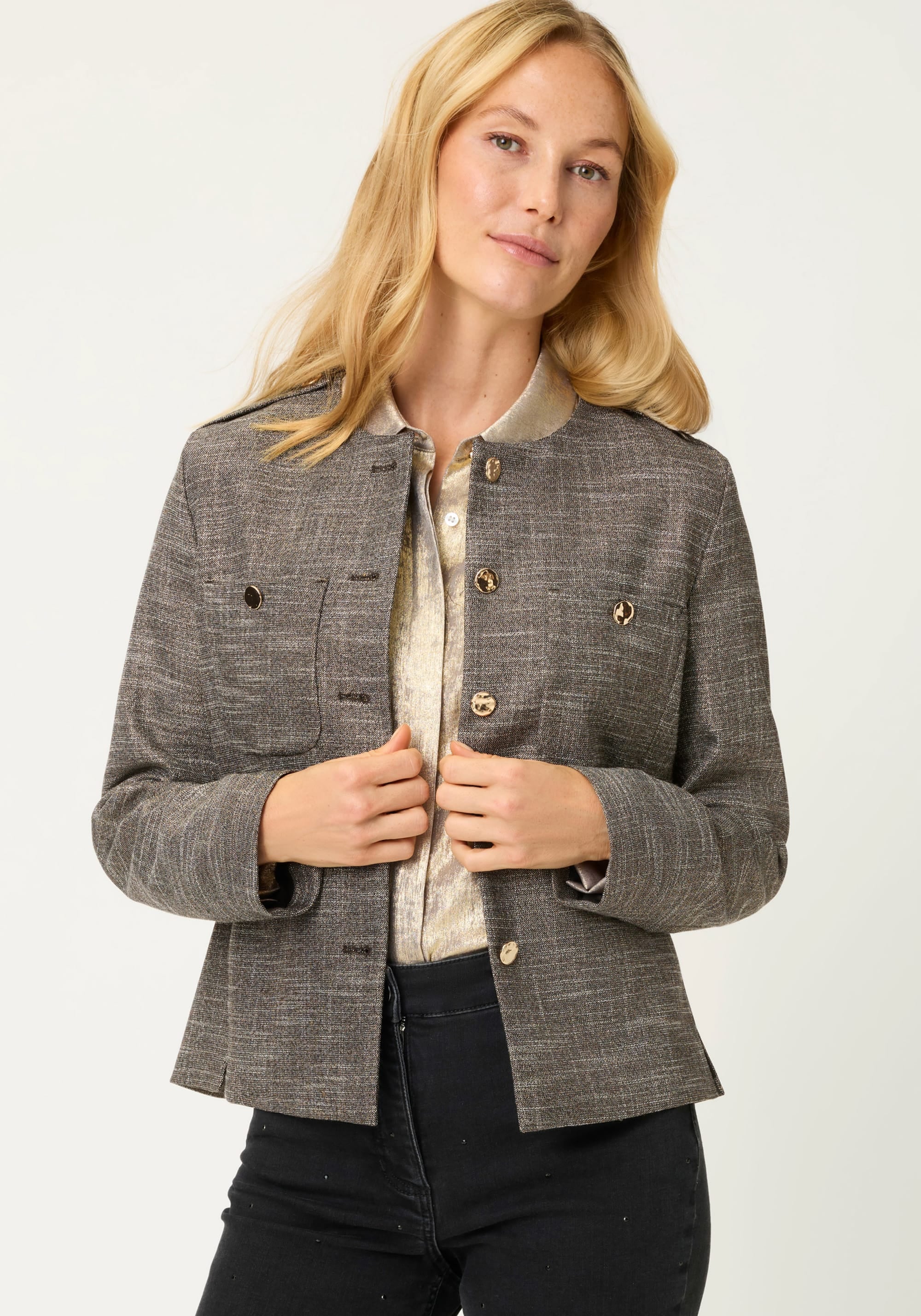 Collarless Sparkle Jacket with Gold Buttons - Image 3