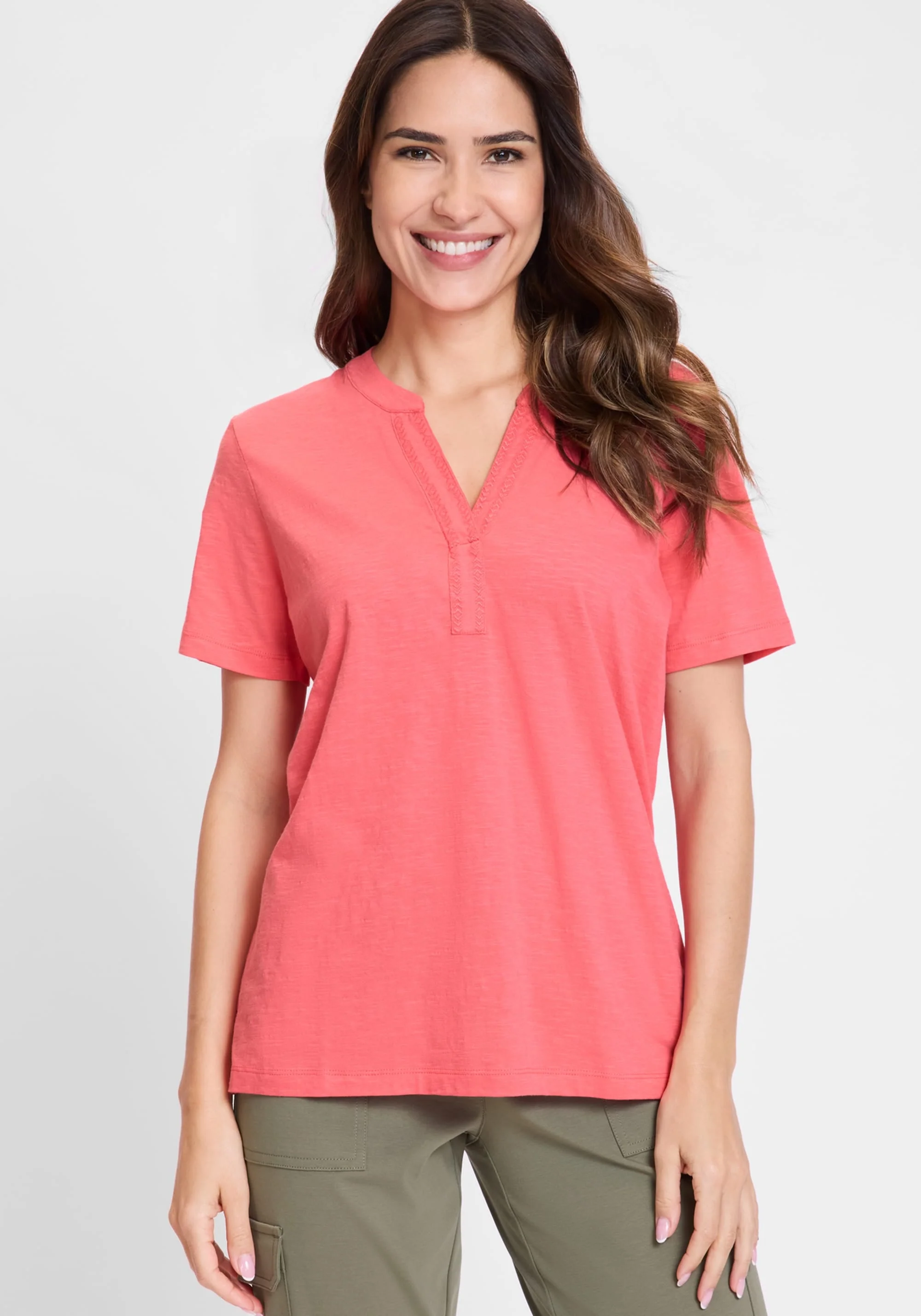 Embroidered Split V-Neck T-Shirt
