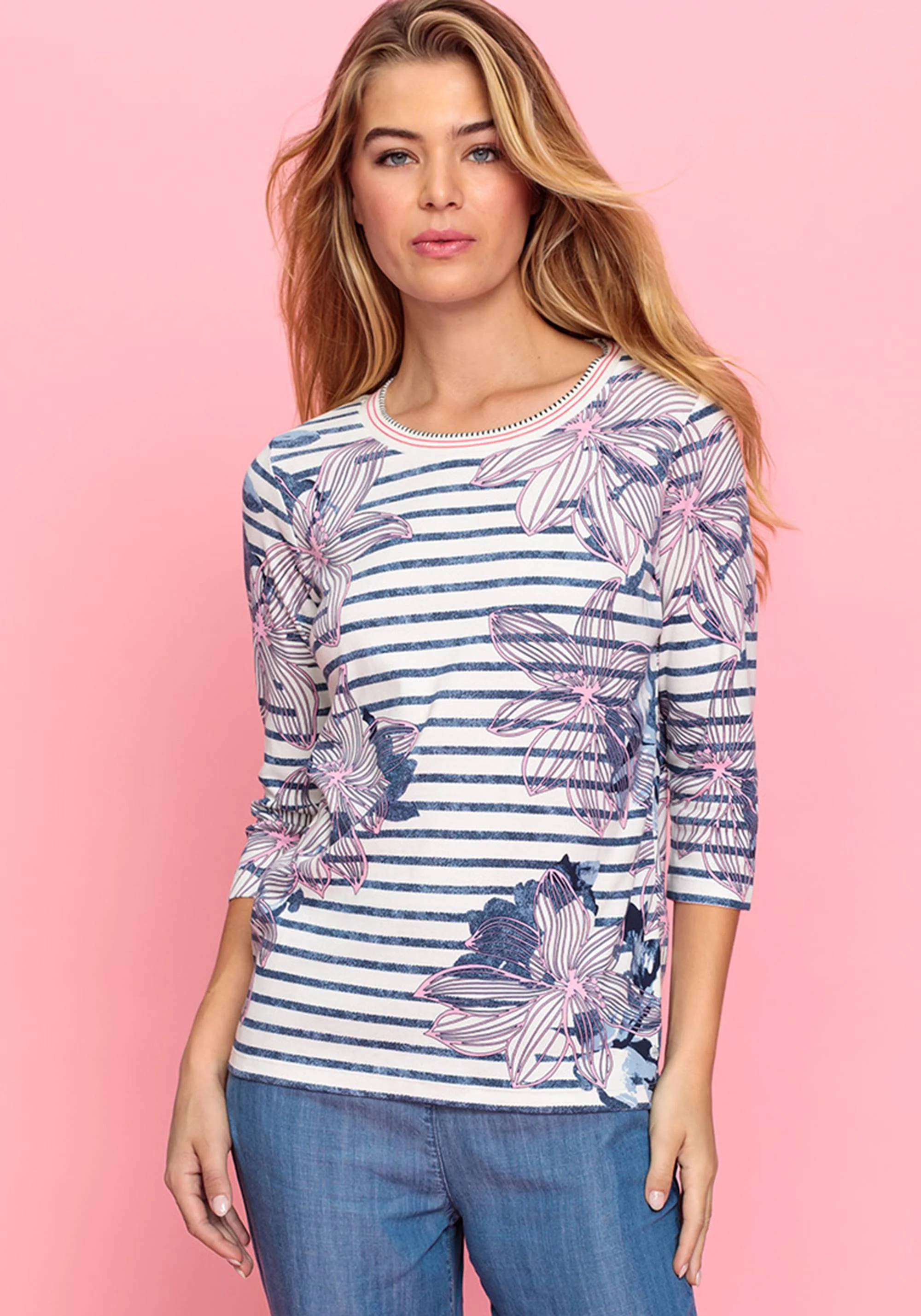 Floral and Stripe Print T-Shirt