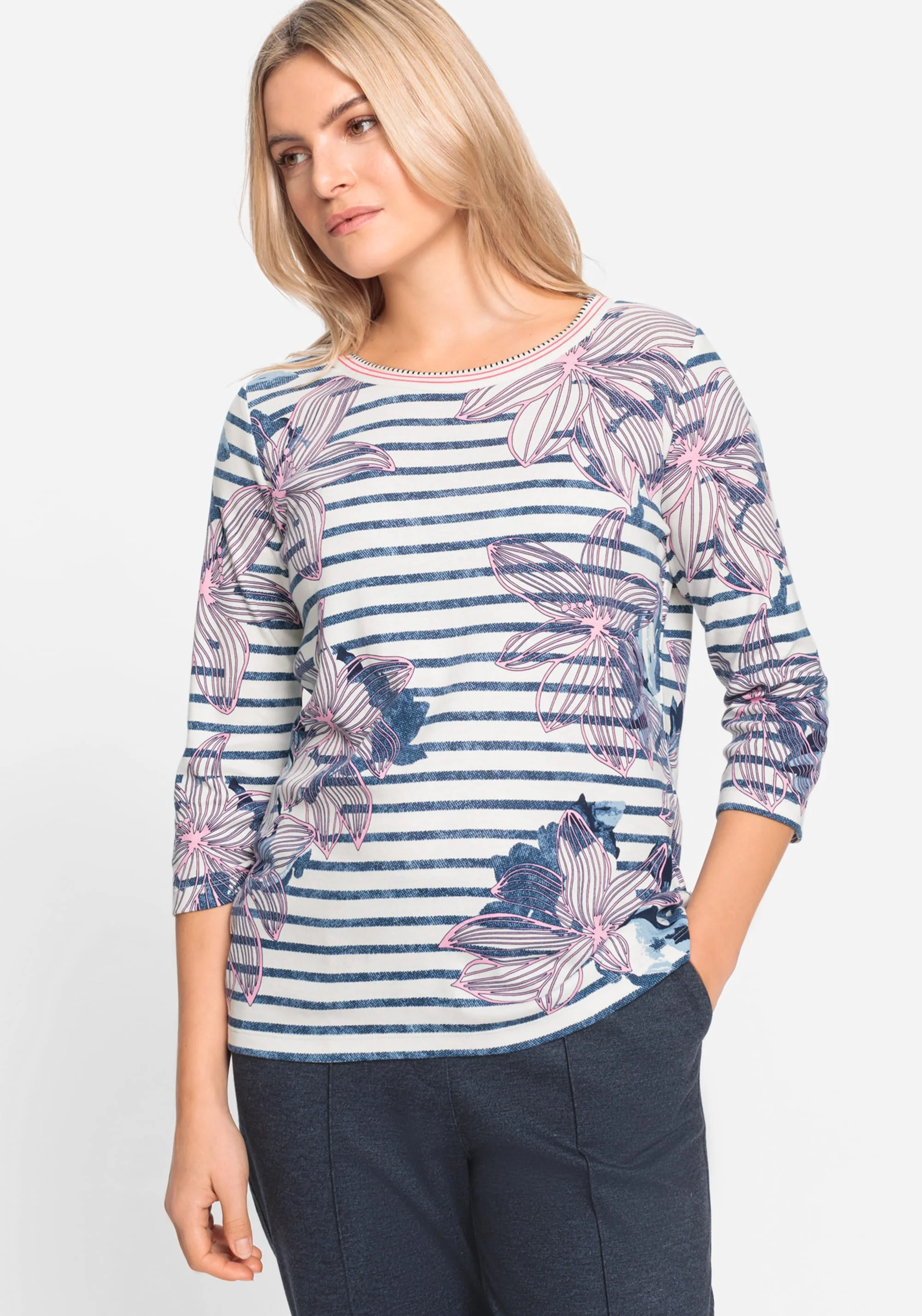 Floral and Stripe Print T-Shirt - Image 2