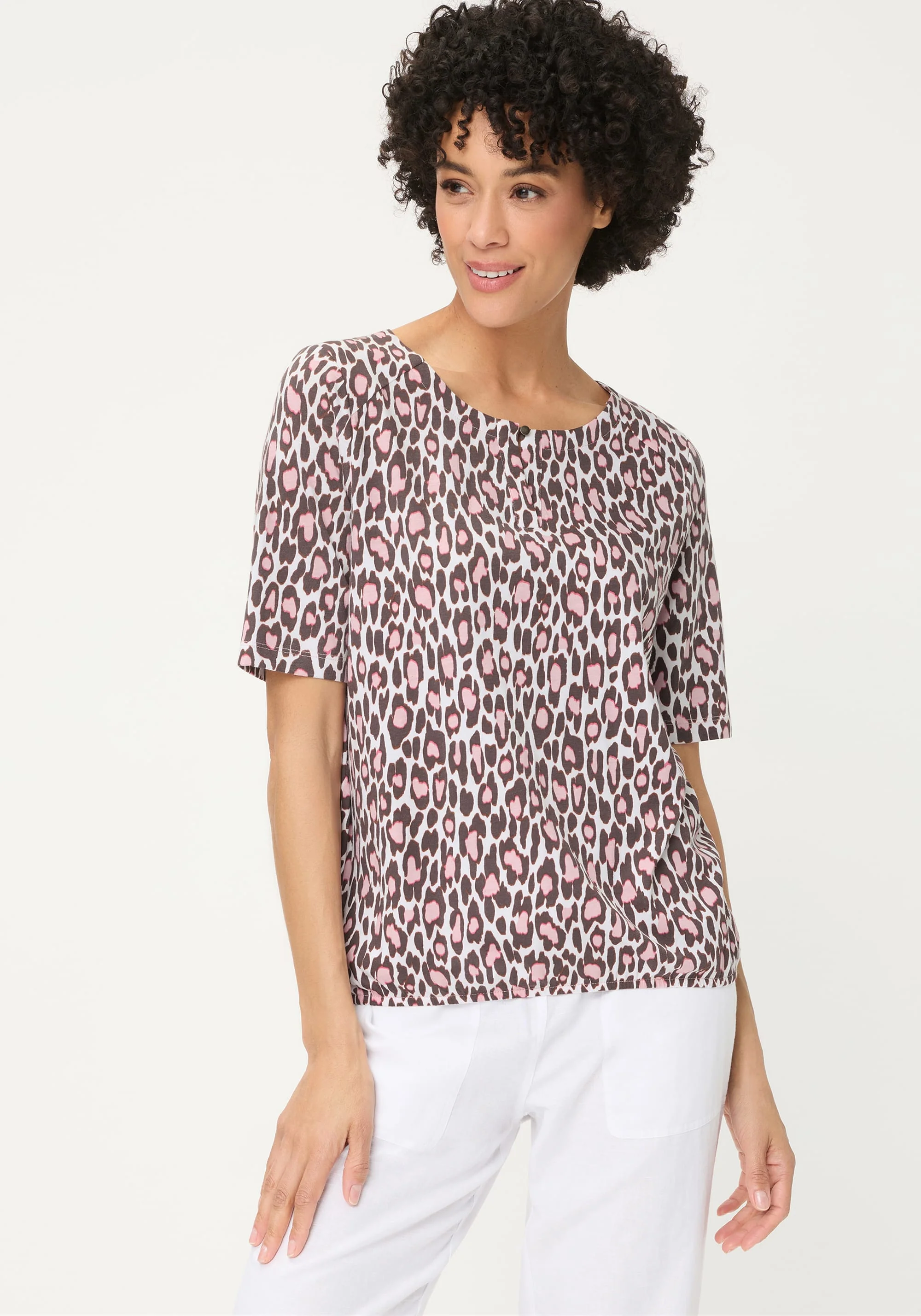 Leopard Print Split Neck T-Shirt