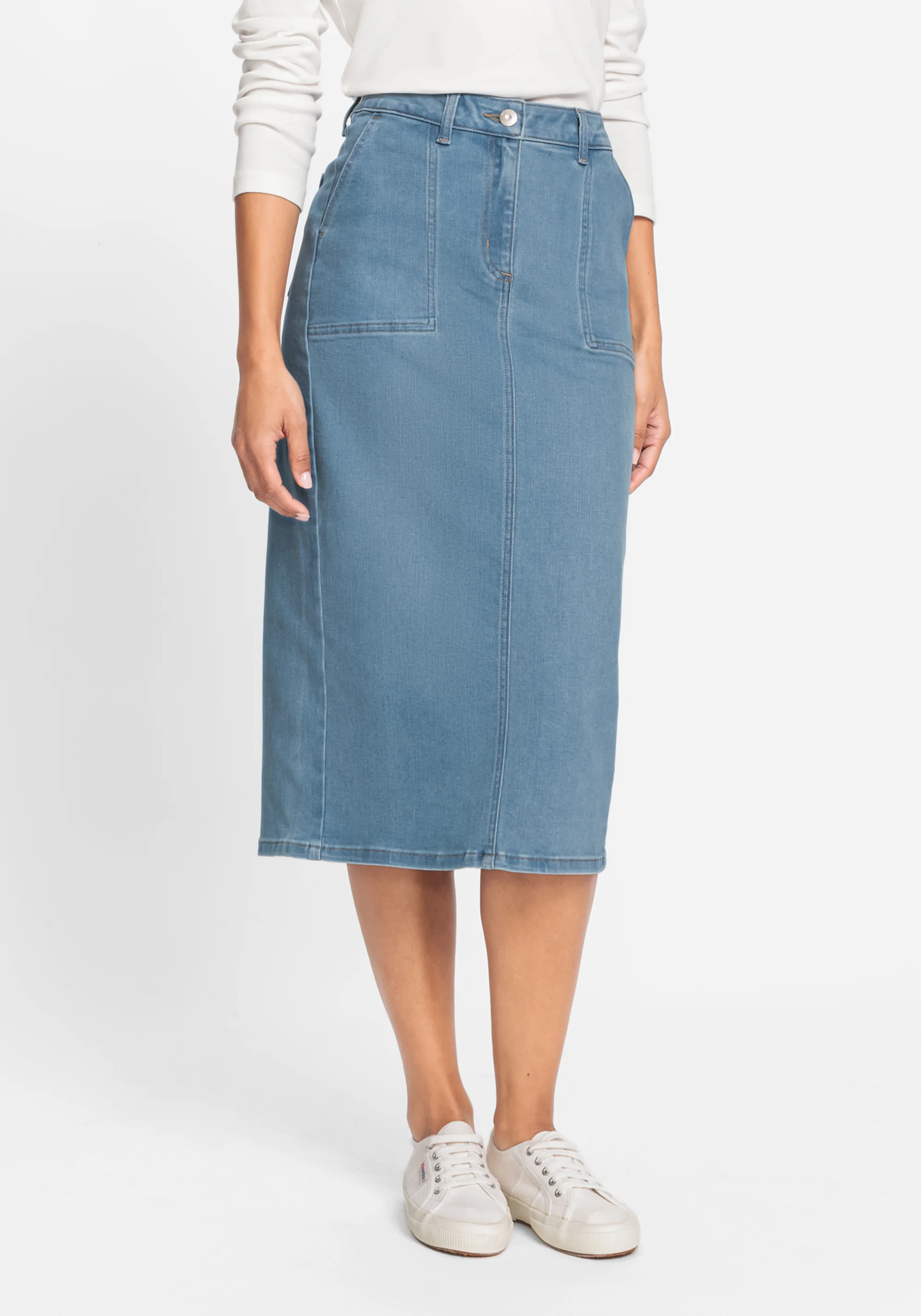 Light Wash Power Stretch Midi Jean Skirt - Image 2