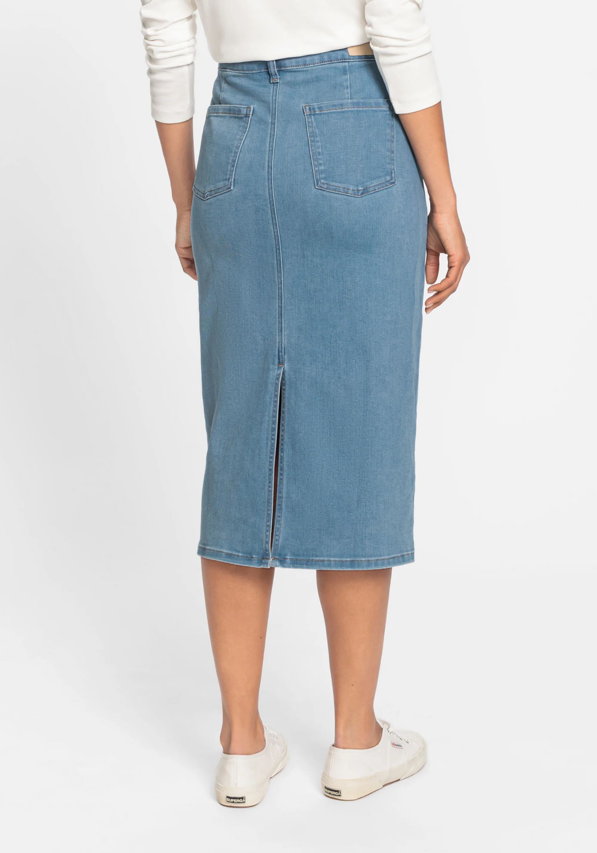 Light Wash Power Stretch Midi Jean Skirt - Image 3