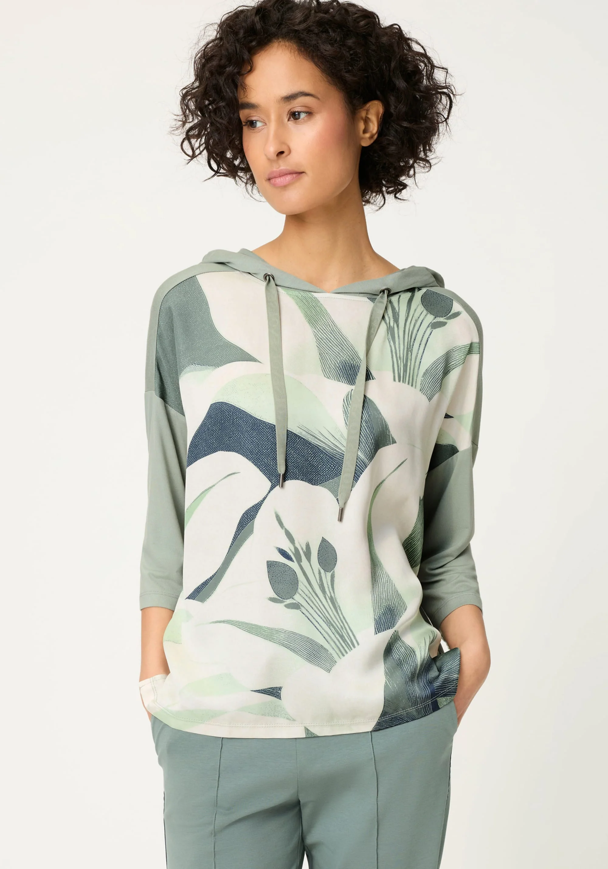 Mixed Media Leaf Print T-Shirt with Hood