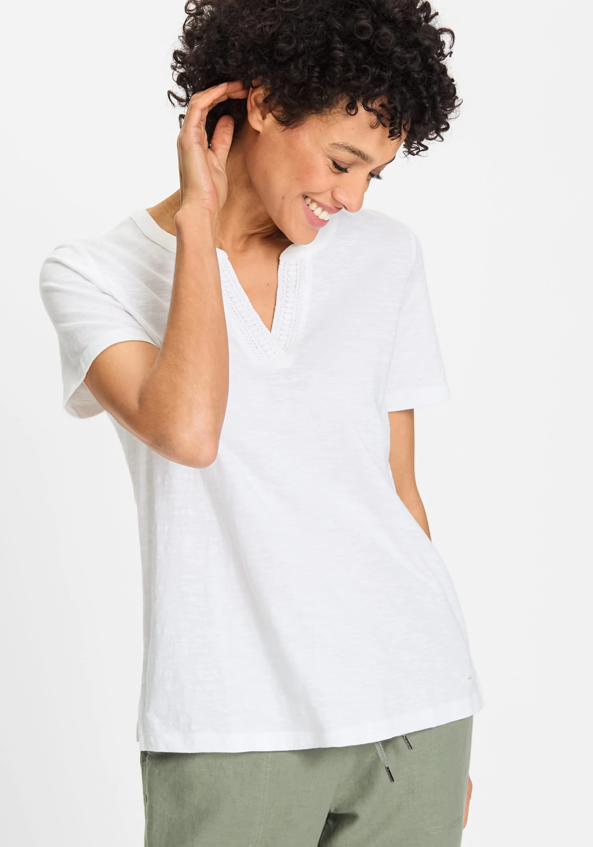 Split Neck T-Shirt with Embroidery