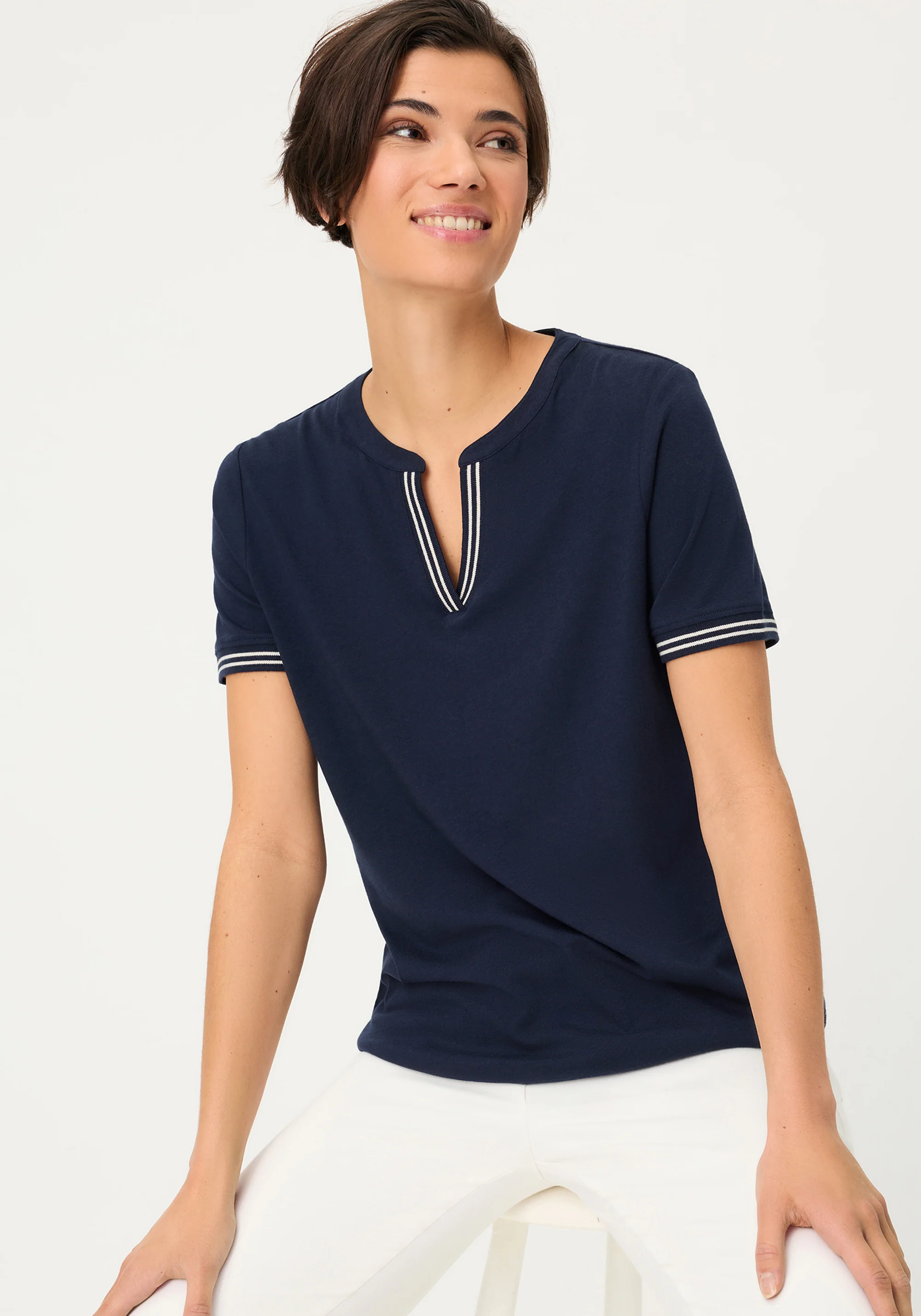 Split Neck T-Shirt with Stripe Trim