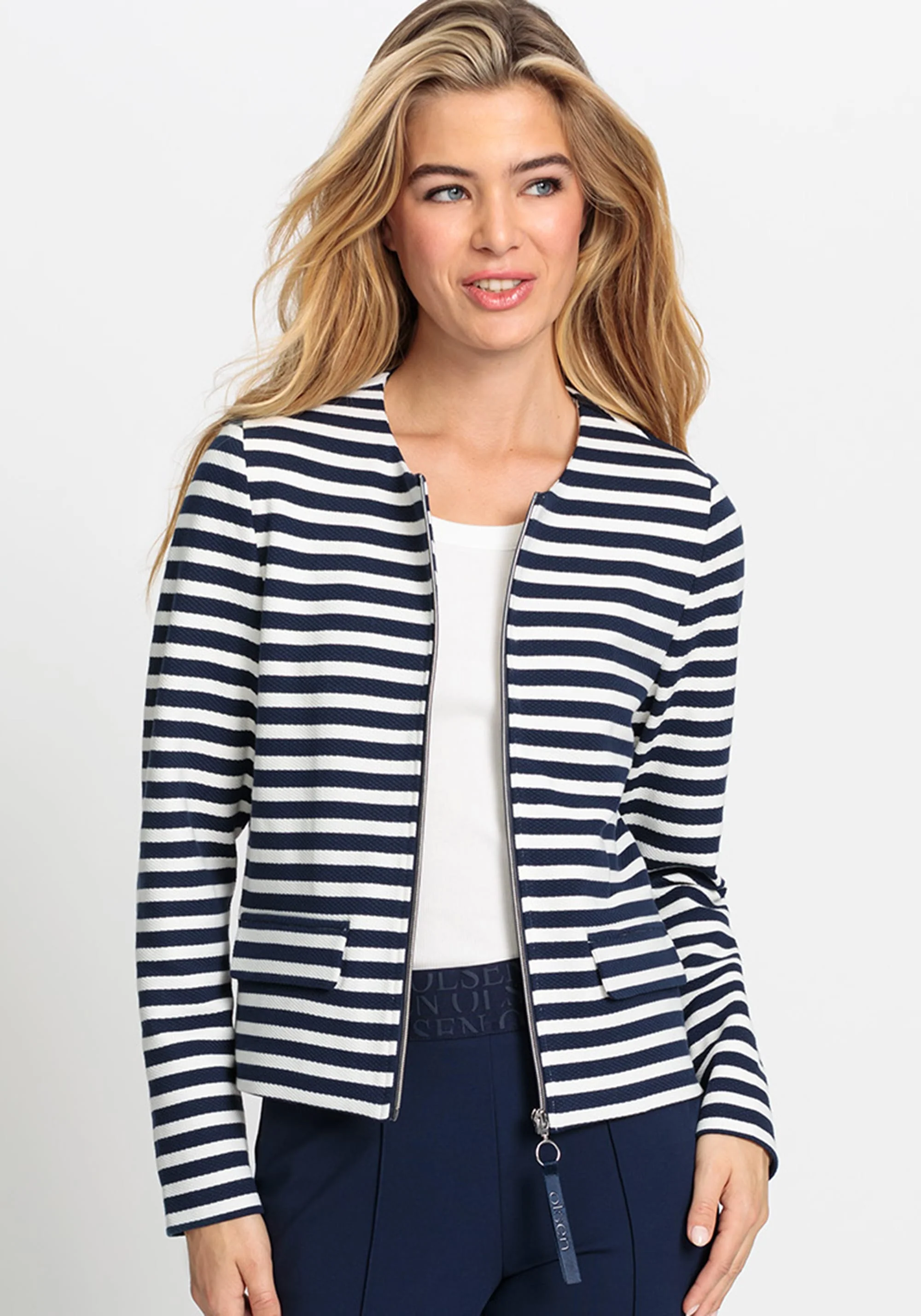 Striped Collarless Zip Front Jacket