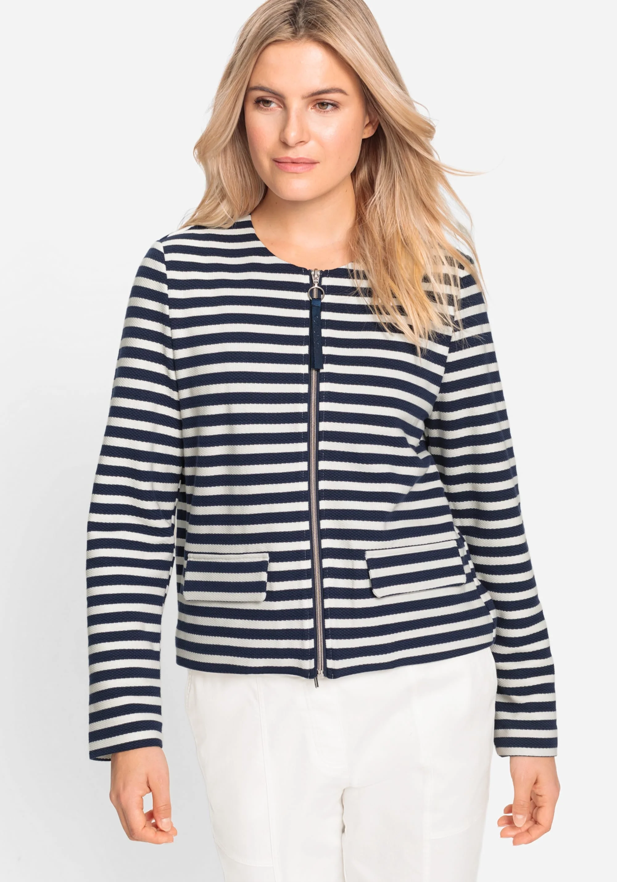 Striped Collarless Zip Front Jacket - Image 2