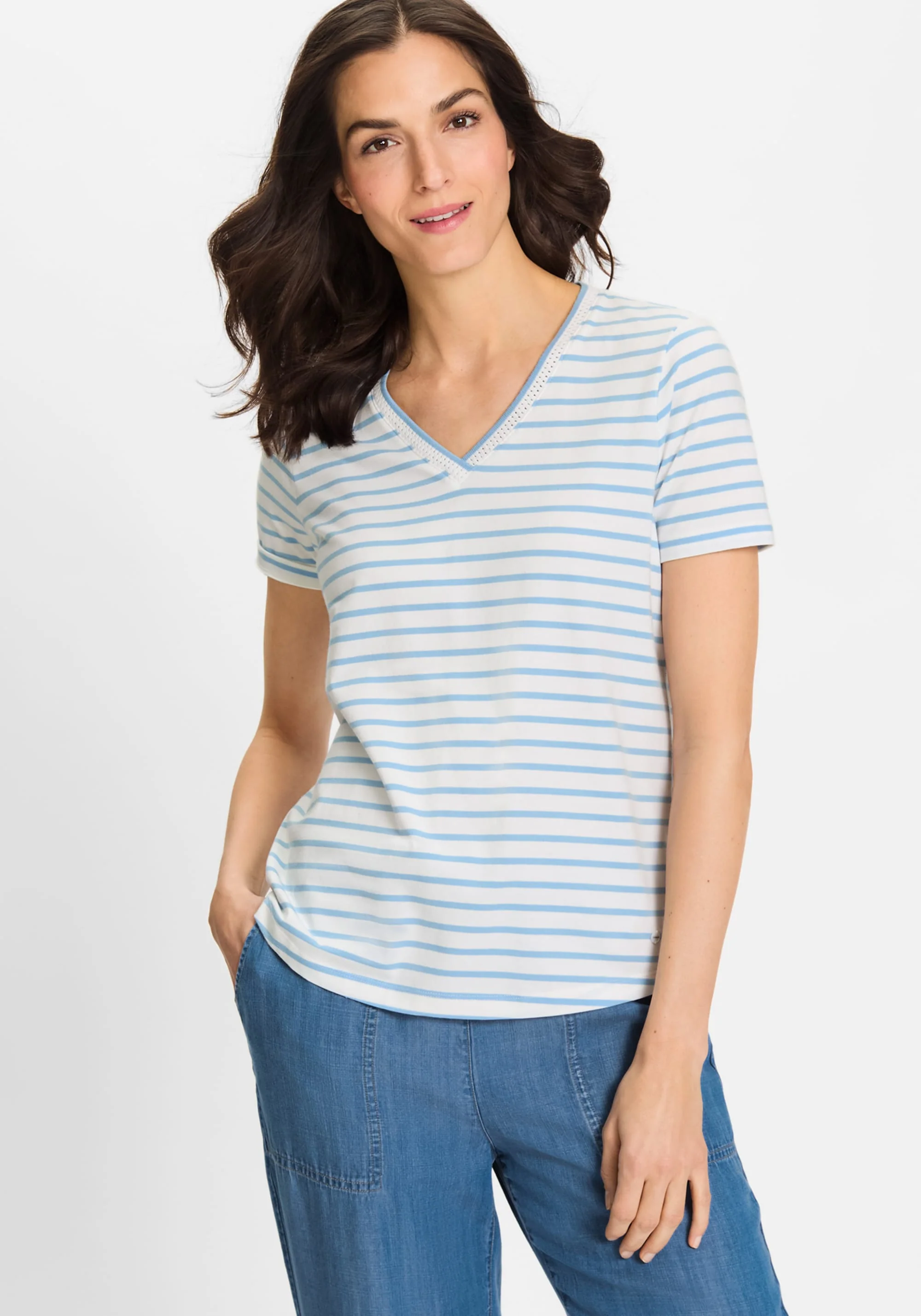 Striped Embroidered Trim V-Neck Tee