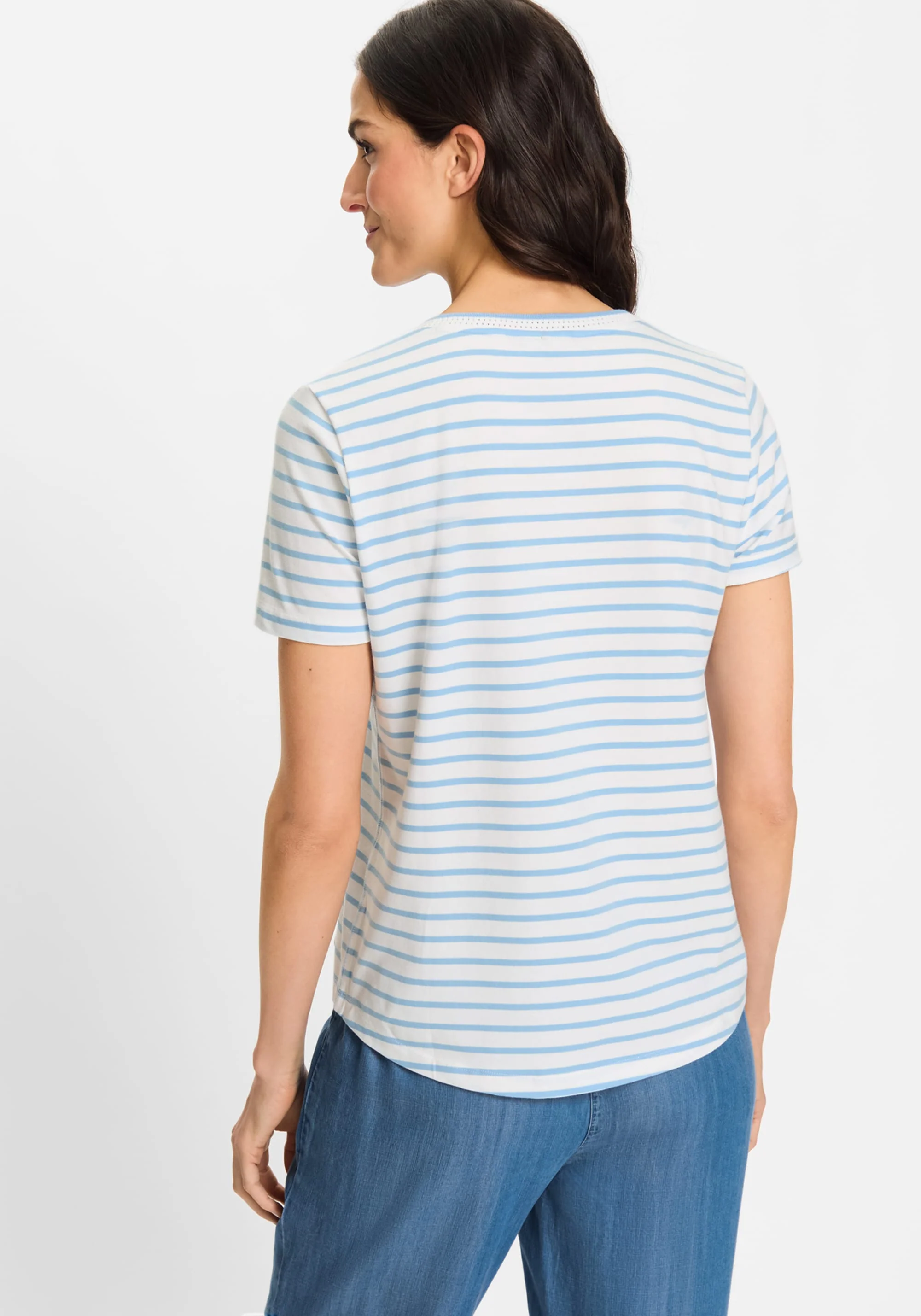 Striped Embroidered Trim V-Neck Tee - Image 2