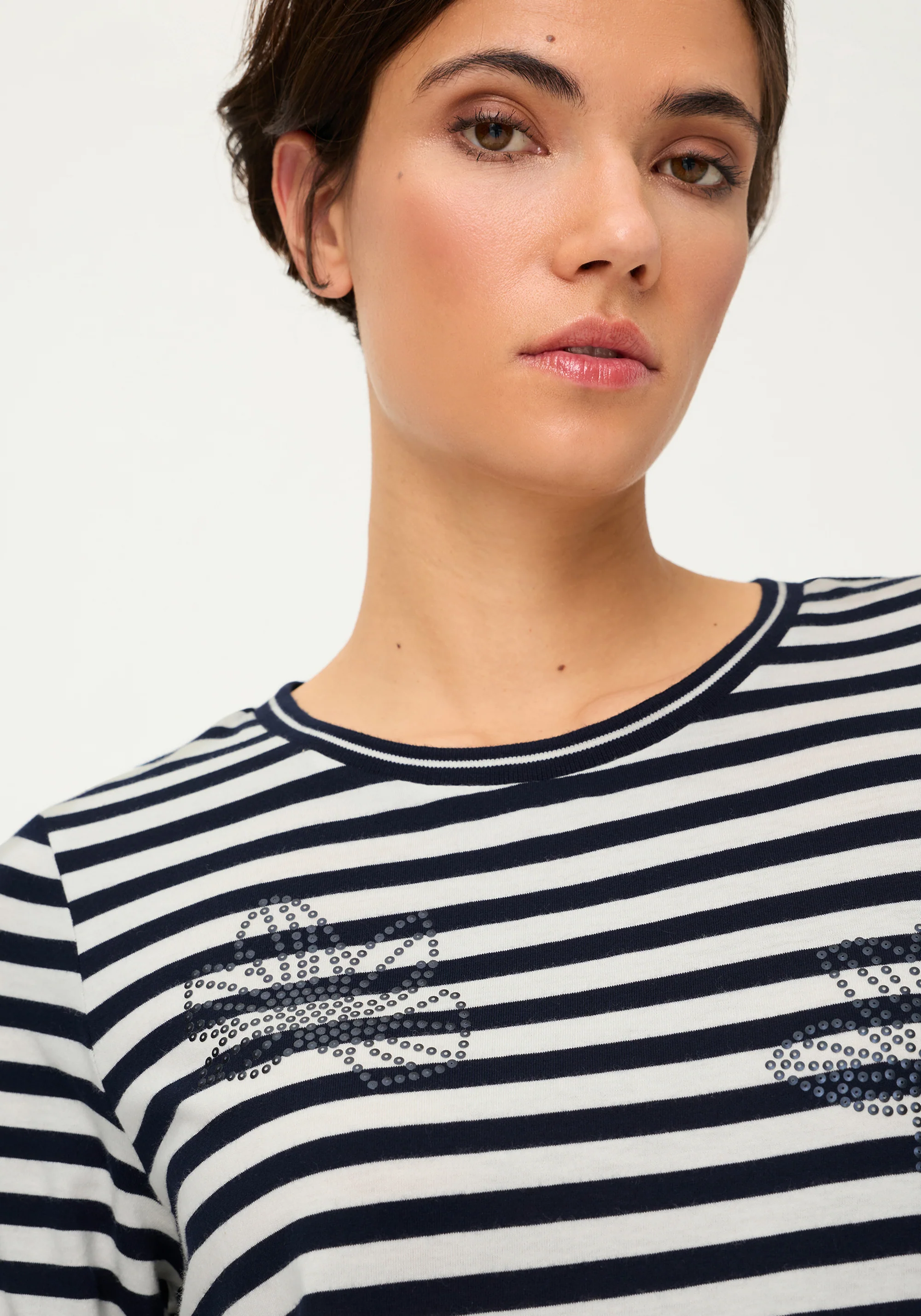 Striped T-Shirt with Sequin Floral Embellishment