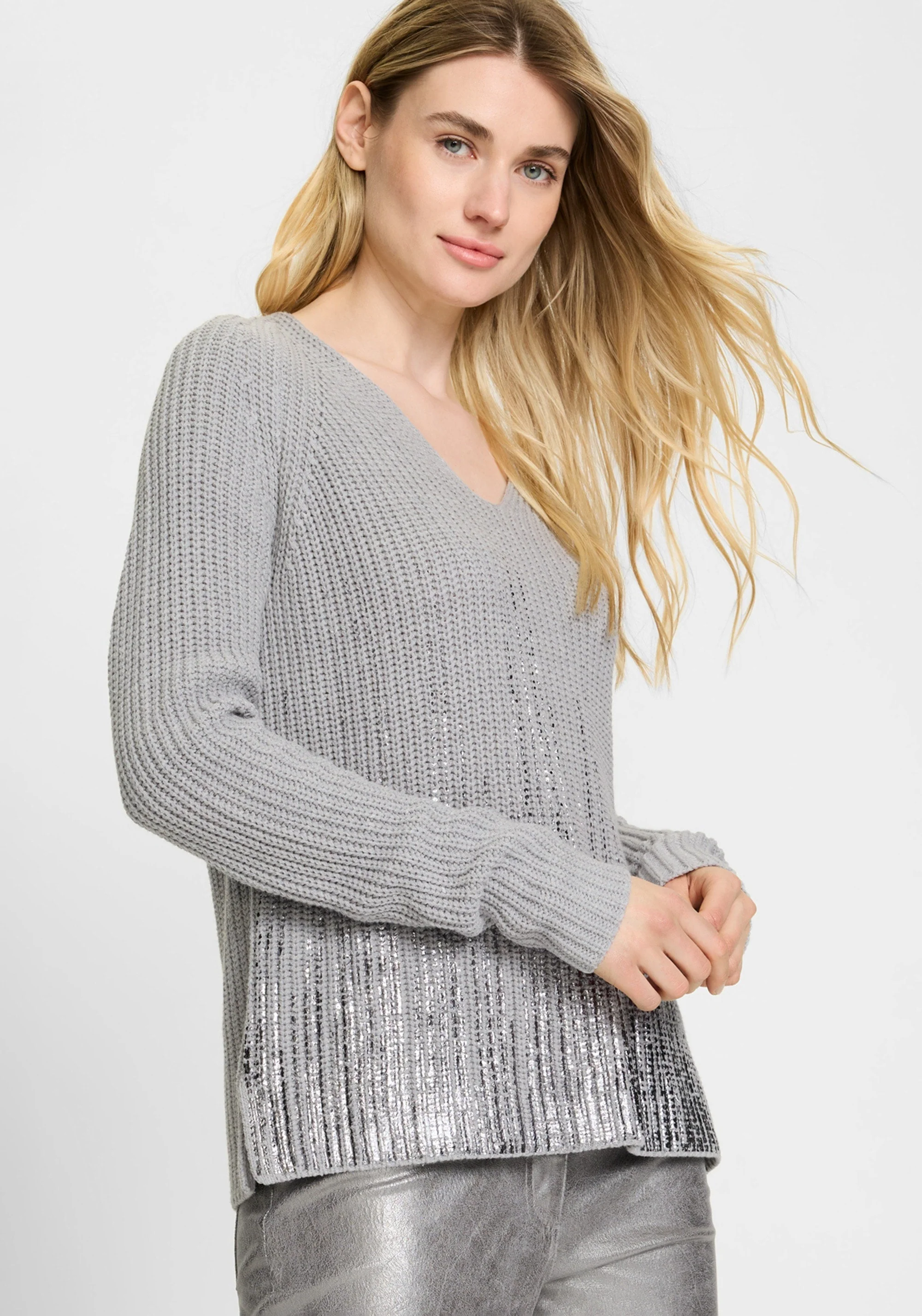 V-Neck Sweater with Silver Foil Embellishment